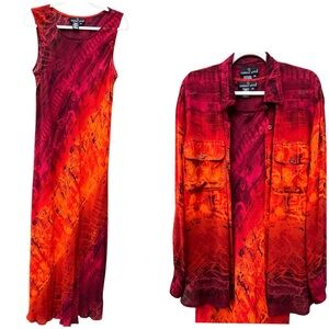 Carole Little Vintage Rayon Slip Dress & Button Down Shirt Set Red Orange Sz 14